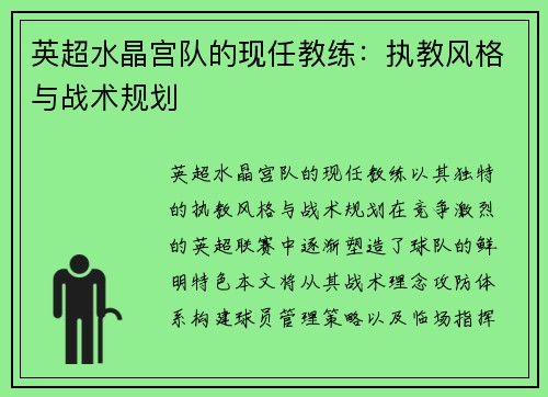 英超水晶宫队的现任教练:执教风格与战术规划